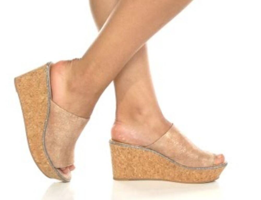 Johnston And Murphy NEW Jade Metallic Suede Cork Wedge Heel Slip On Sandal 7M